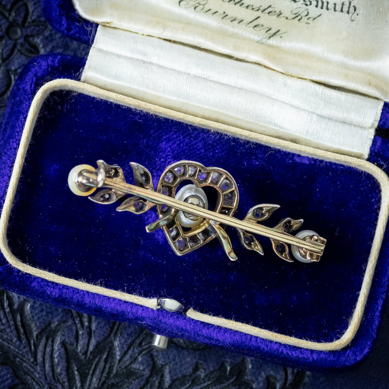 Antique Victorian Diamond Pearl Heart Bar Brooch Silver 18ct Gold