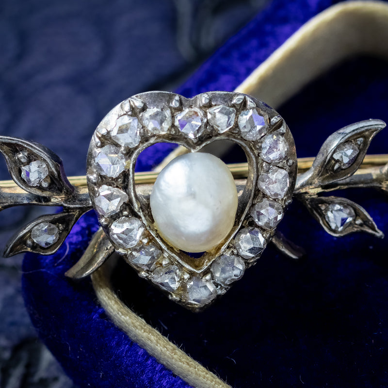 Antique Victorian Diamond Pearl Heart Bar Brooch Silver 18ct Gold