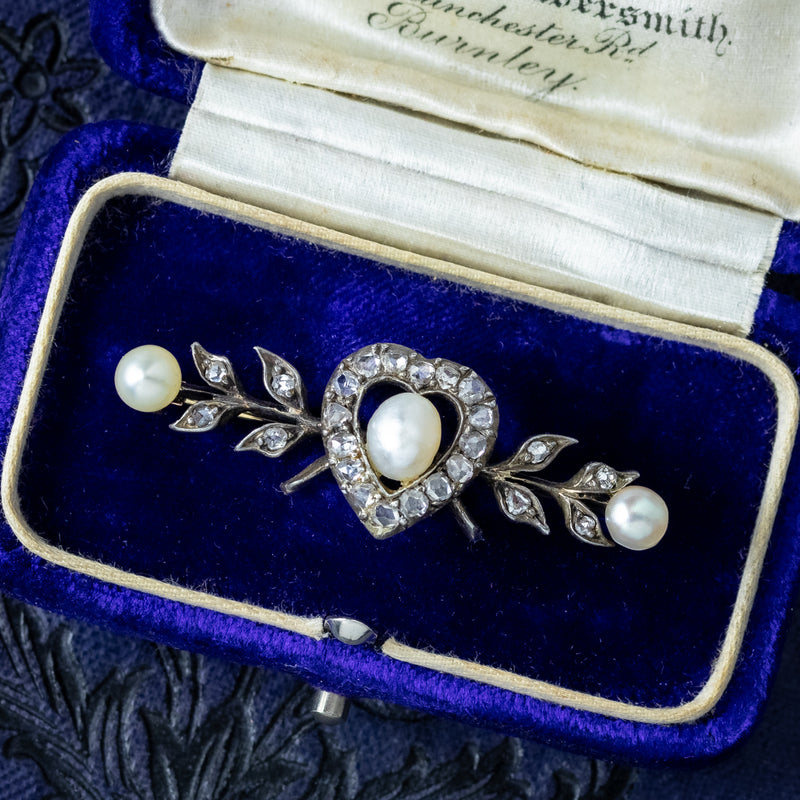 Antique Victorian Diamond Pearl Heart Bar Brooch Silver 18ct Gold
