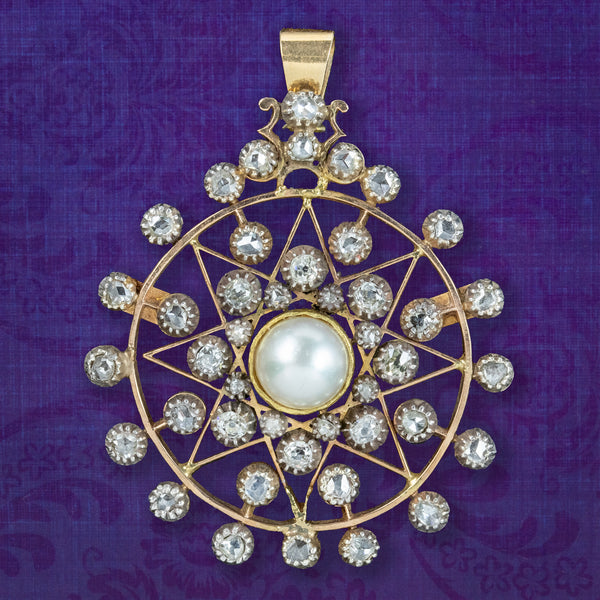 Antique Victorian French Diamond Pearl Star Pendant 1.5ct Of Diamond