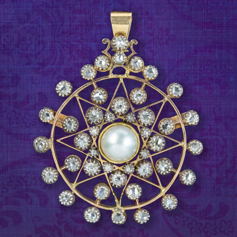 Antique Victorian French Diamond Pearl Star Pendant 1.5ct Of Diamond