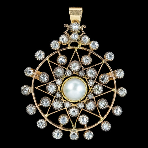 Antique Victorian French Diamond Pearl Star Pendant 1.5ct Of Diamond