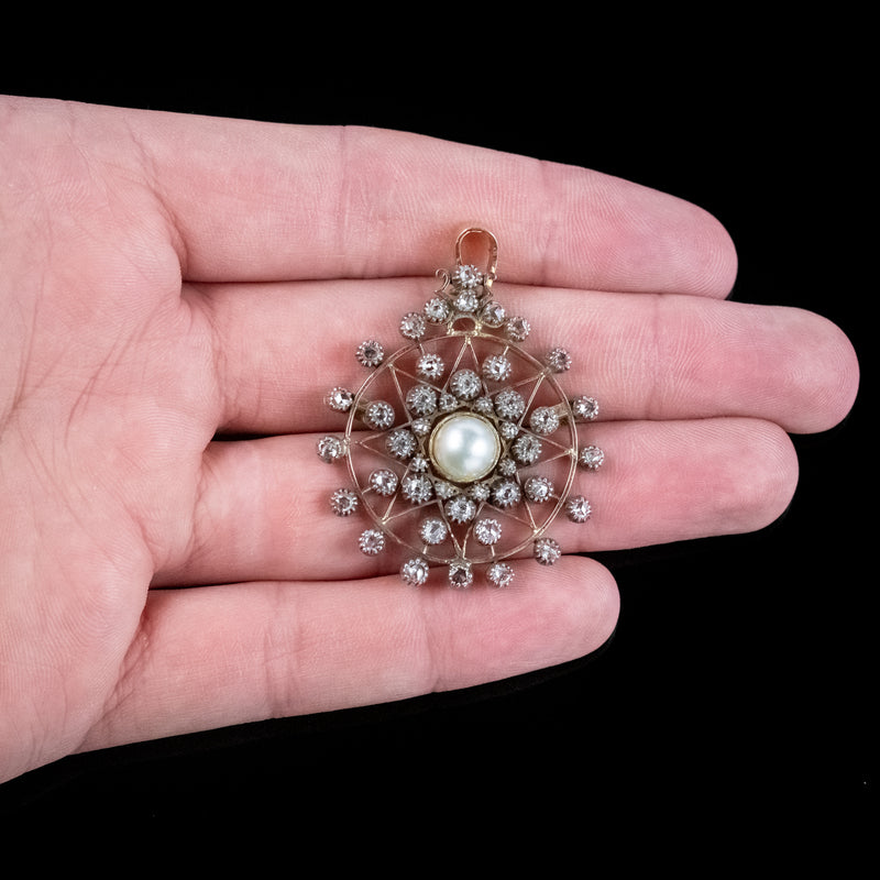 Antique Victorian Diamond Pearl Star Pendant 1.5ct Of Diamond