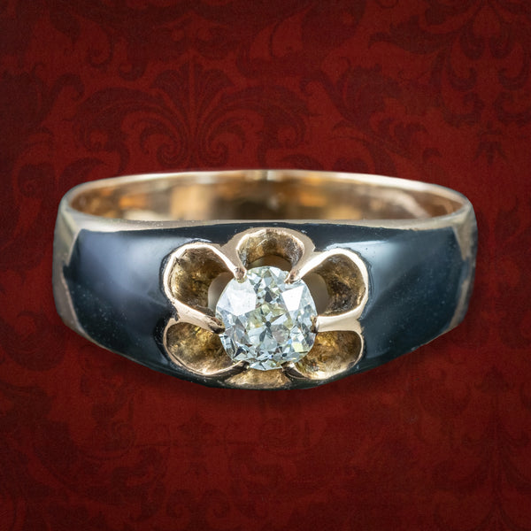 Antique Victorian Diamond Ring Black Enamel 0.50ct Diamond Solitaire 