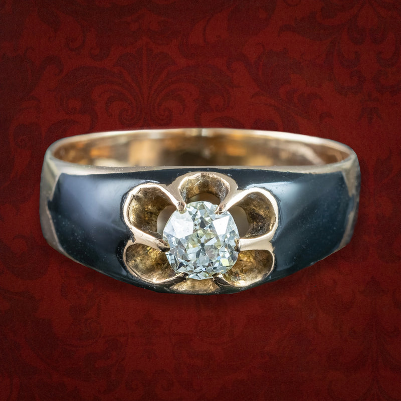 Antique Victorian Diamond Ring Black Enamel 0.50ct Diamond Solitaire 