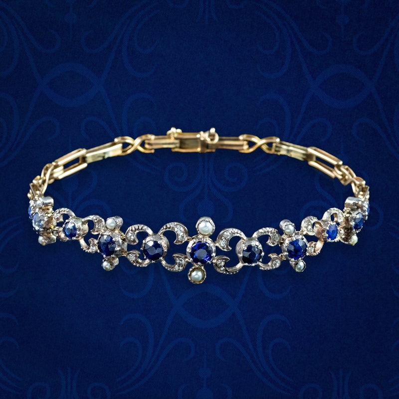 Antique Victorian Diamond Sapphire Pearl Bracelet Silver 18ct Gold