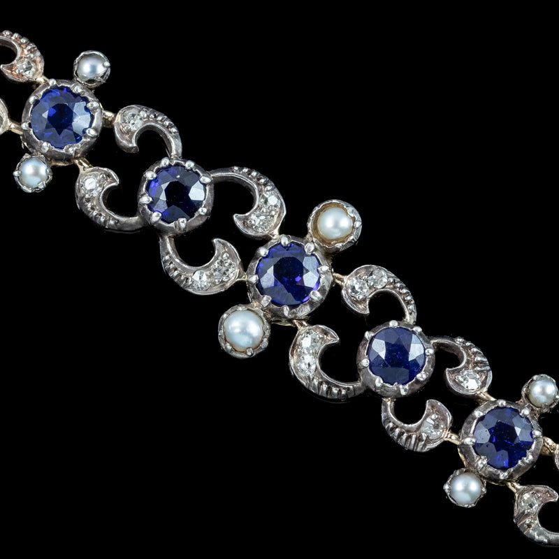 Antique Victorian Diamond Sapphire Pearl Bracelet Silver 18ct Gold