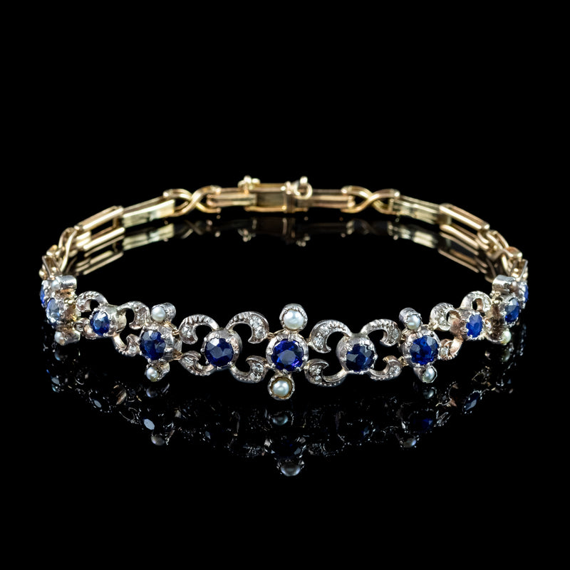 Antique Victorian Diamond Sapphire Pearl Bracelet Silver 18ct Gold