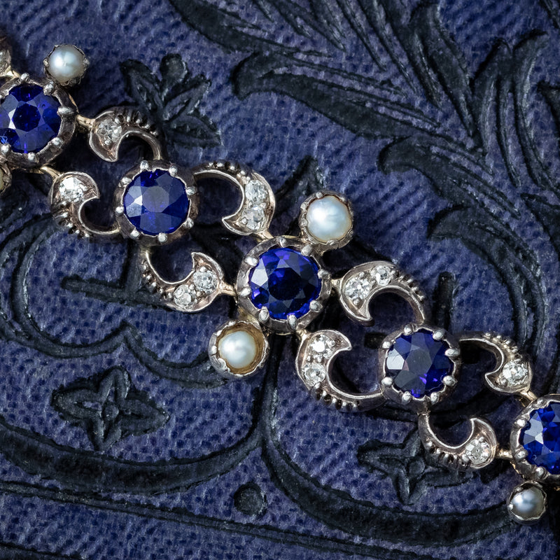 Antique Victorian Diamond Sapphire Pearl Bracelet Silver 18ct Gold