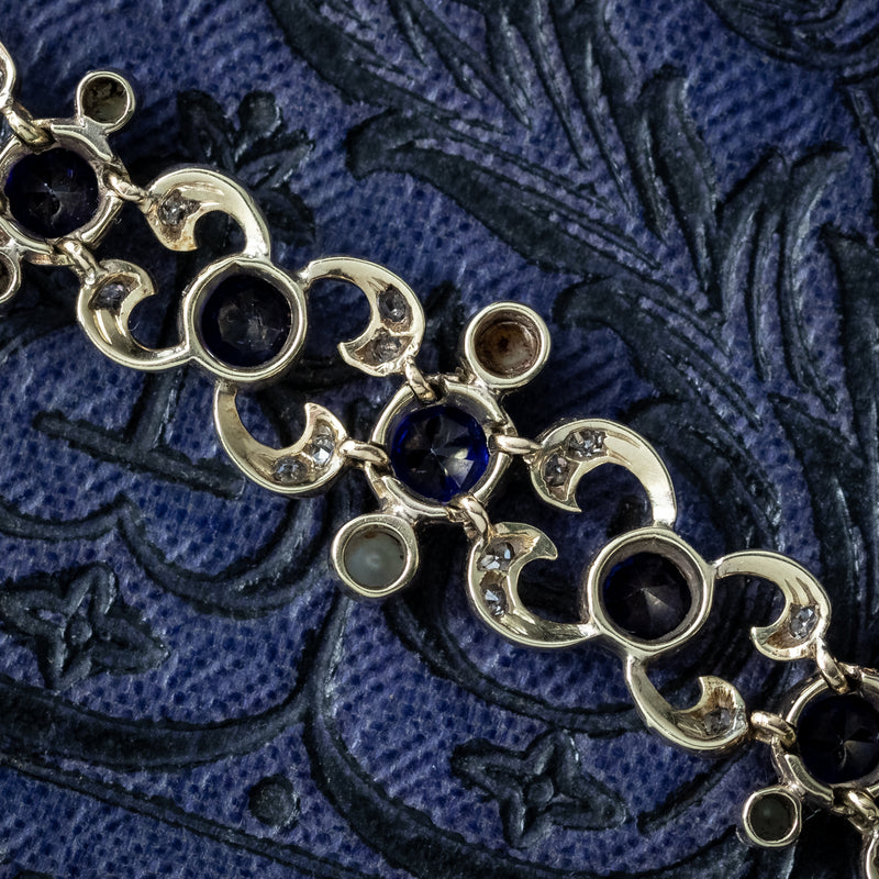 Antique Victorian Diamond Sapphire Pearl Bracelet Silver 18ct Gold