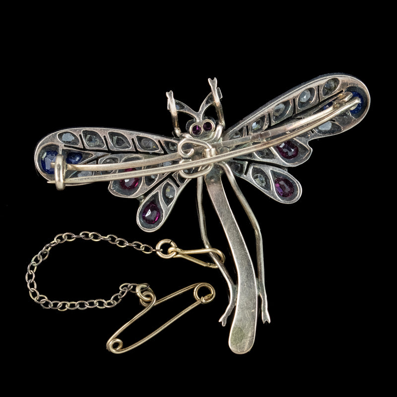 Antique Victorian Dragonfly Brooch Diamond Sapphire Ruby Pearl 