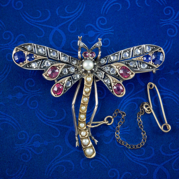 Antique Victorian Dragonfly Brooch Diamond Sapphire Ruby Pearl 