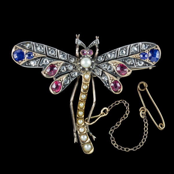 Antique Victorian Dragonfly Brooch Diamond Sapphire Ruby Pearl 