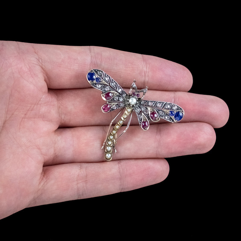 Antique Victorian Dragonfly Brooch Diamond Sapphire Ruby Pearl 