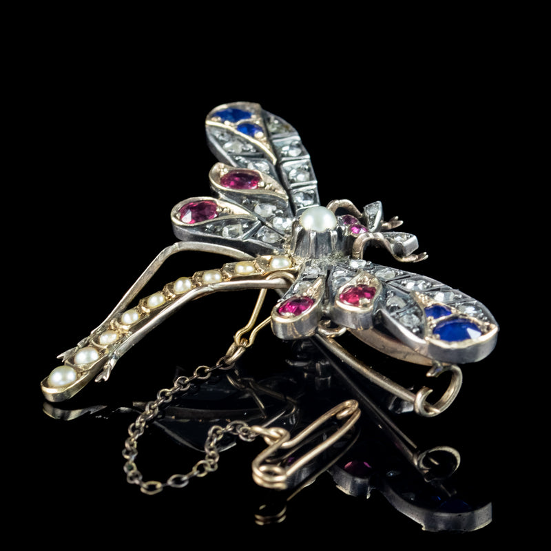 Antique Victorian Dragonfly Brooch Diamond Sapphire Ruby Pearl 