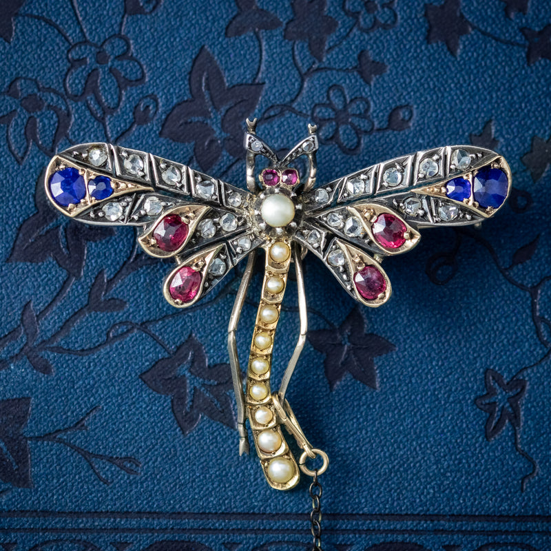 Antique Victorian Dragonfly Brooch Diamond Sapphire Ruby Pearl 