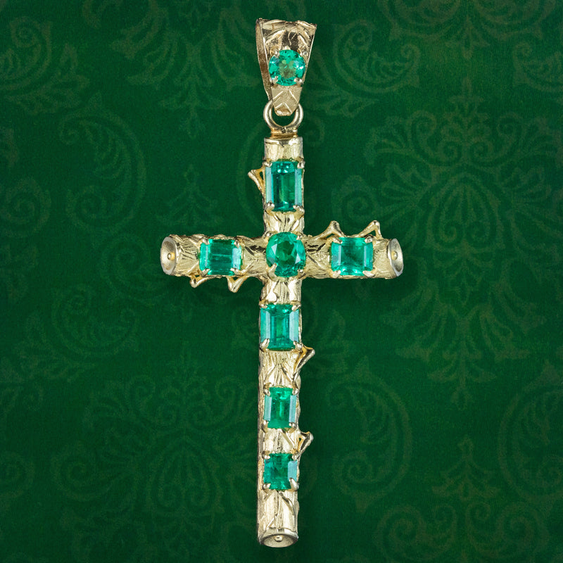 Antique Victorian Colombian Emerald Cross Pendant 2.3ct Total With Cert