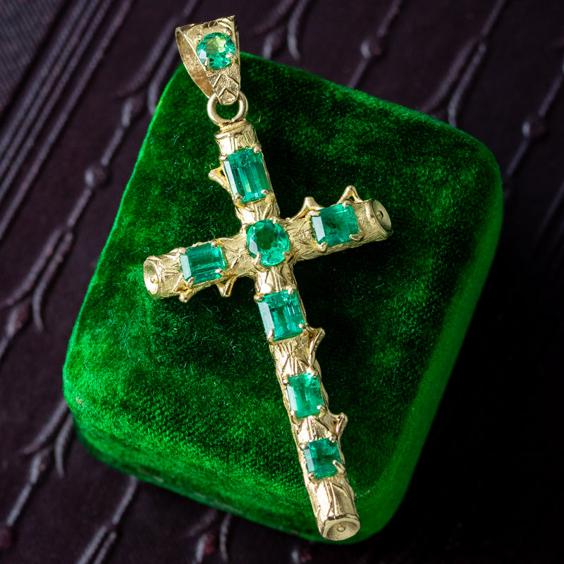 Antique Victorian Colombian Emerald Cross Pendant 2.3ct Total With Cert