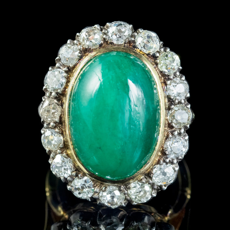 Antique Victorian Emerald Diamond Cluster Ring 11ct Cabochon Emerald