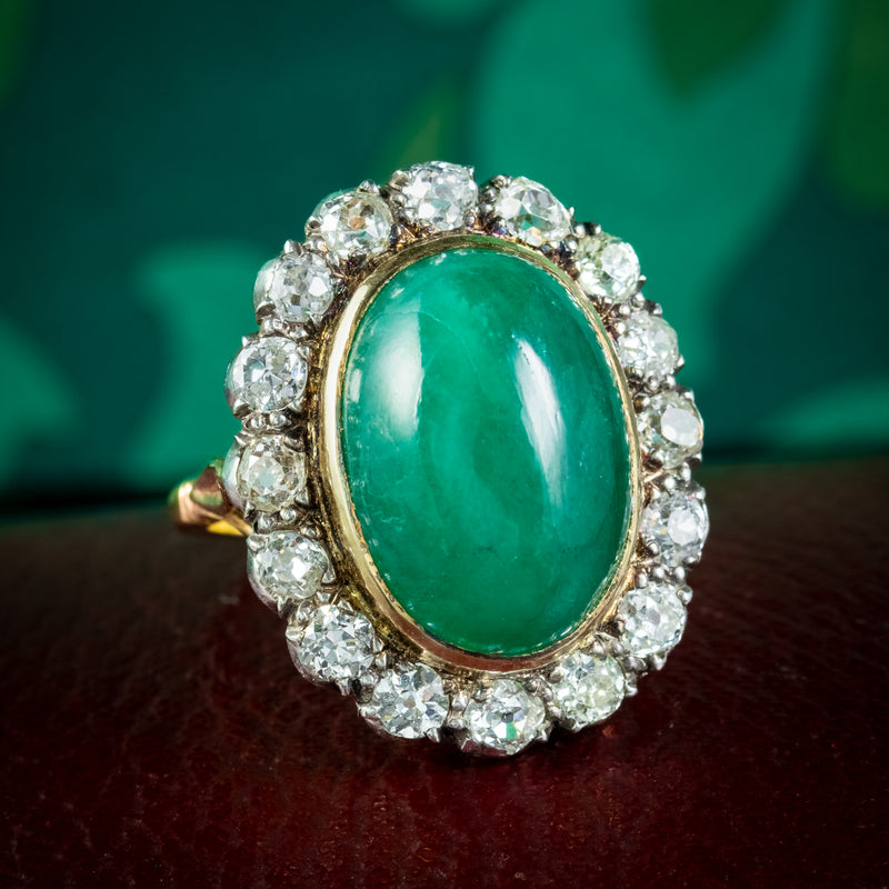 Antique Victorian Emerald Diamond Cluster Ring 11ct Cabochon Emerald