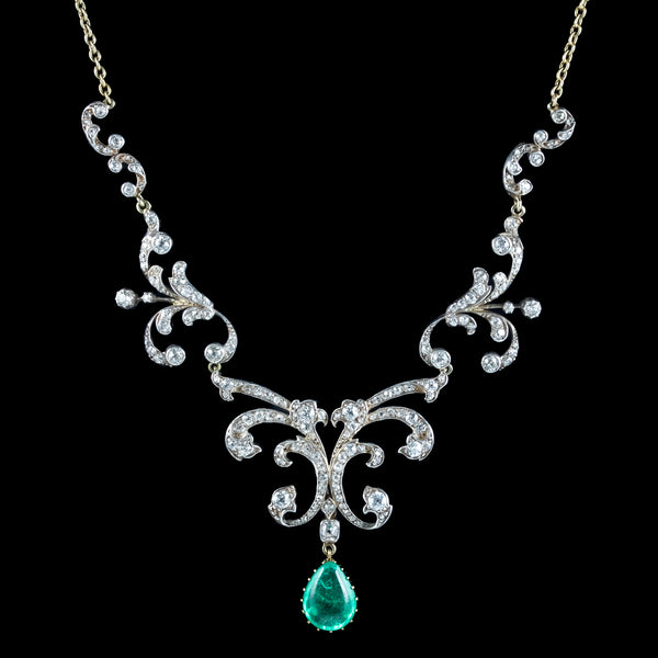 Antique Victorian Emerald Diamond Lavaliere Necklace 5ct Emerald