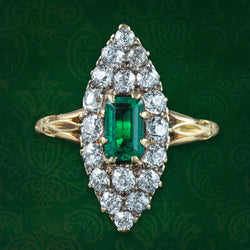 Antique Victorian Emerald Diamond Navette Cluster Ring 0.50ct Emerald 
