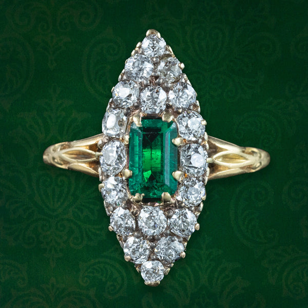 Antique Victorian Emerald Diamond Navette Cluster Ring 0.50ct Emerald 
