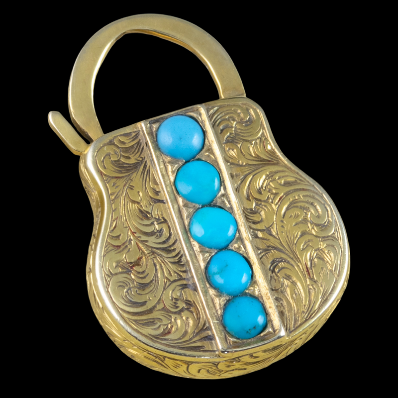 Antique Victorian Etruscan Turquoise Padlock Pendant 18ct Gold 