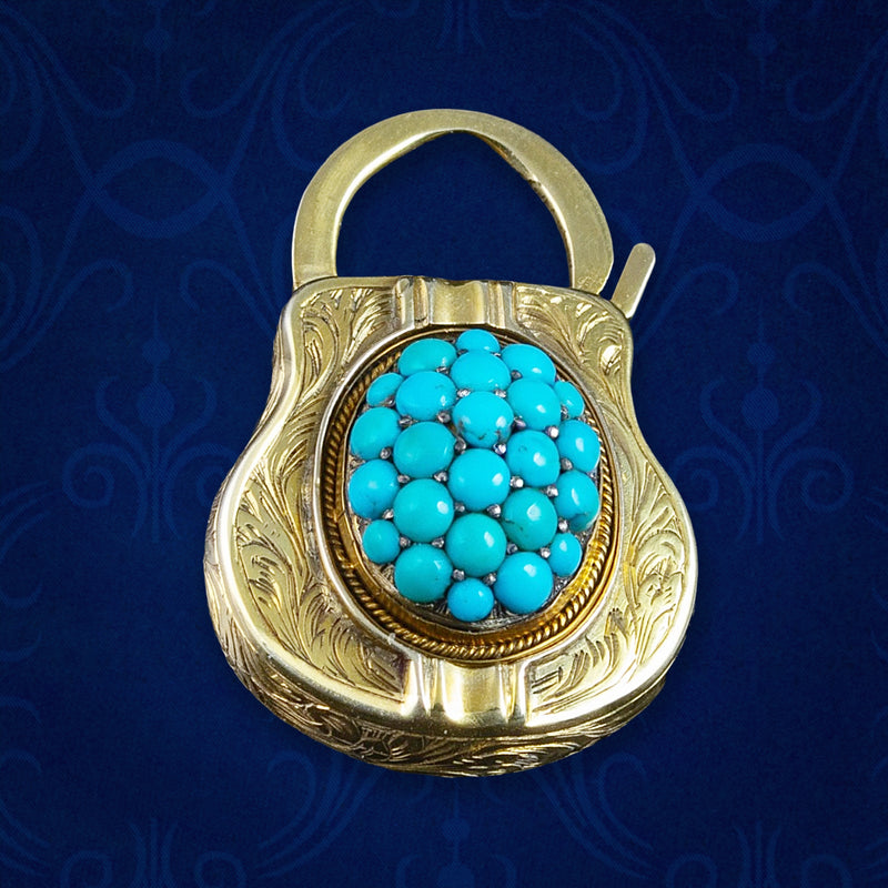 Antique Victorian Etruscan Turquoise Padlock Pendant 18ct Gold 