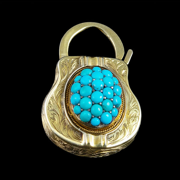 Antique Victorian Etruscan Turquoise Padlock Pendant 18ct Gold 