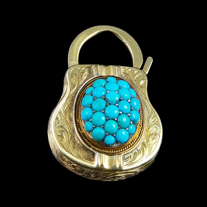 Antique Victorian Etruscan Turquoise Padlock Pendant 18ct Gold 