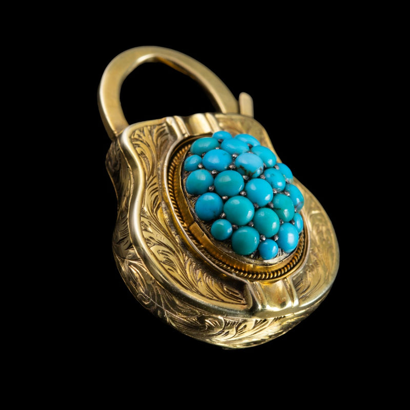Antique Victorian Etruscan Turquoise Padlock Pendant 18ct Gold 