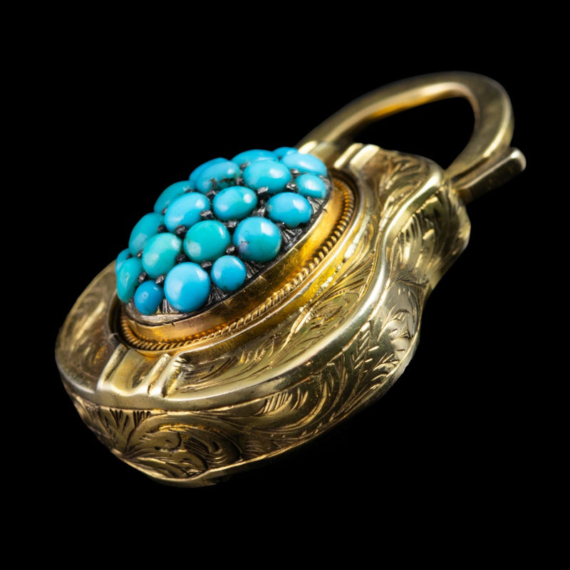 Antique Victorian Etruscan Turquoise Padlock Pendant 18ct Gold 