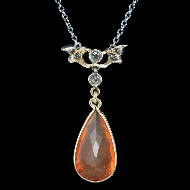 Antique Victorian Fire Opal Diamond Lavaliere Necklace 5ct Opal