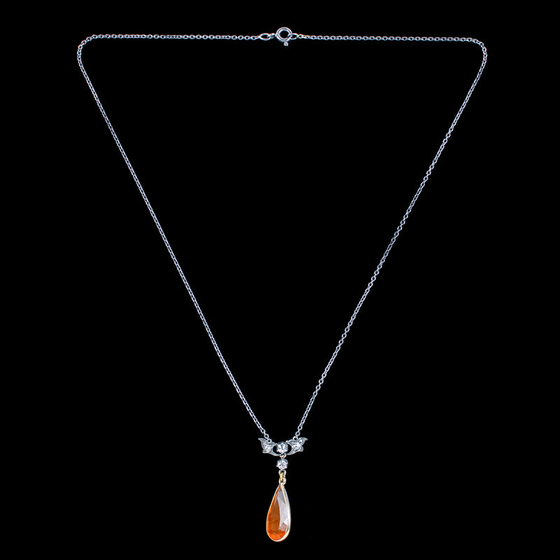 Antique Victorian Fire Opal Diamond Lavaliere Necklace 5ct Opal