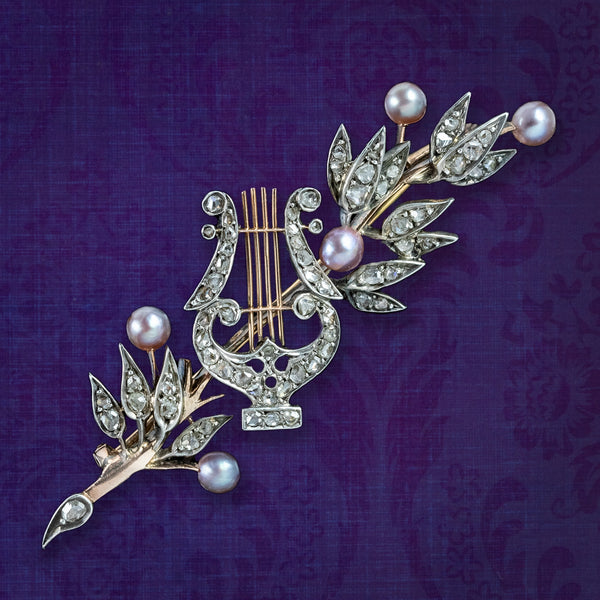 Antique Victorian French Brooch Pearl Diamond Olive Branch And Lyre With Box