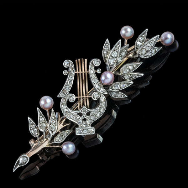 Antique Victorian French Brooch Pearl Diamond Olive Branch And Lyre With Box