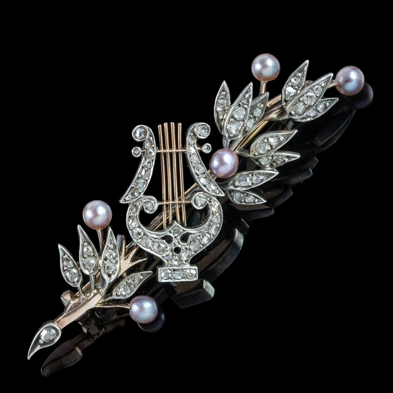 Antique Victorian French Brooch Pearl Diamond Olive Branch And Lyre With Box