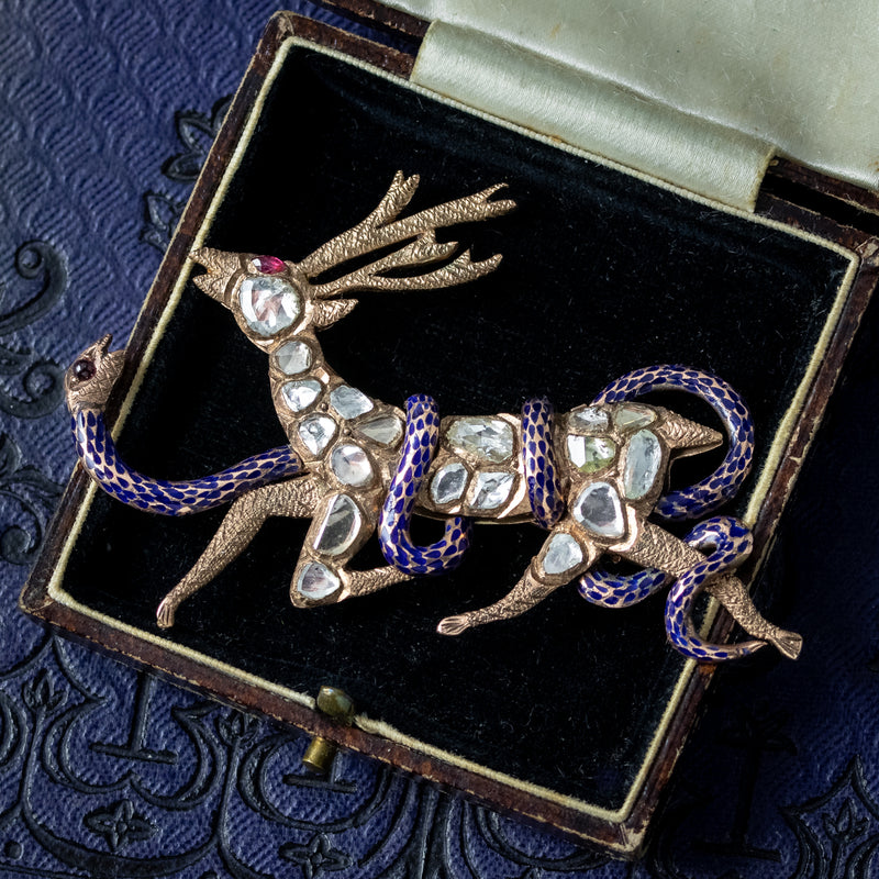 Antique Victorian French Diamond Stag And Snake Brooch 9ct Gold 