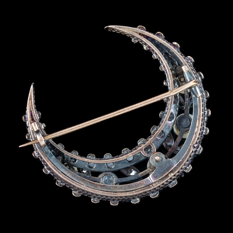 Antique Victorian French Pearl Diamond Crescent Moon Brooch  