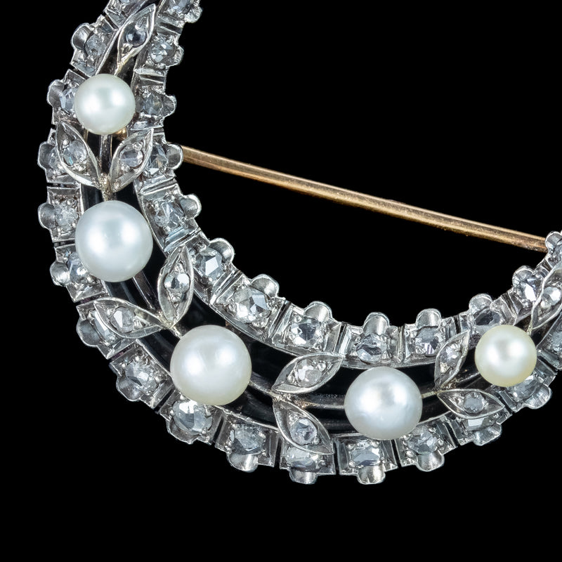 Antique Victorian French Pearl Diamond Crescent Moon Brooch  