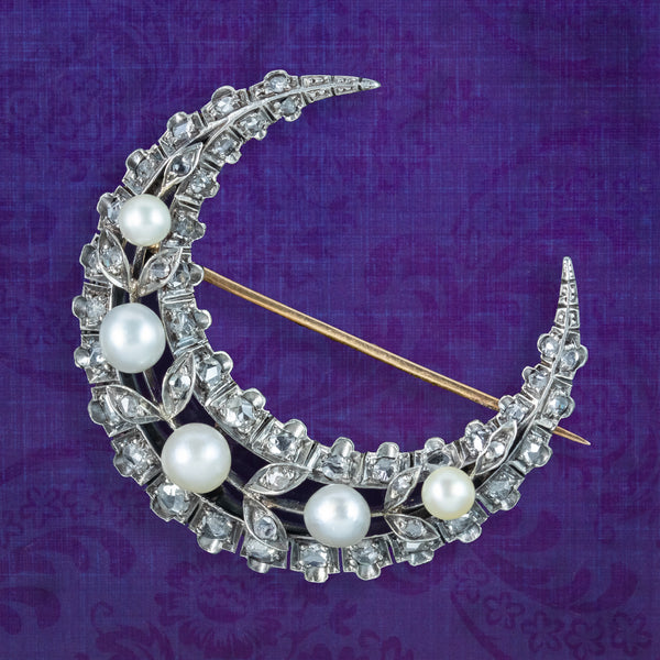 Antique Victorian French Pearl Diamond Crescent Moon Brooch  