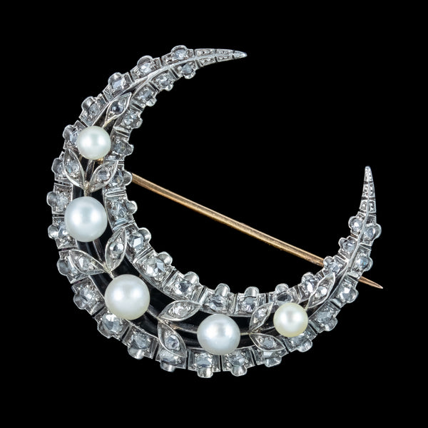 Antique Victorian French Pearl Diamond Crescent Moon Brooch  