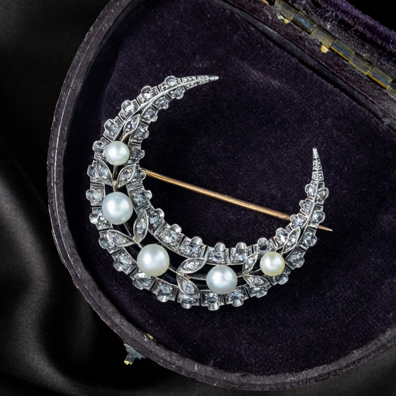 Antique Victorian French Pearl Diamond Crescent Moon Brooch  