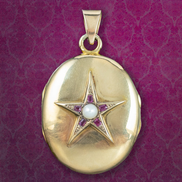 Antique Victorian French Ruby Pearl Star Locket 18ct Gold