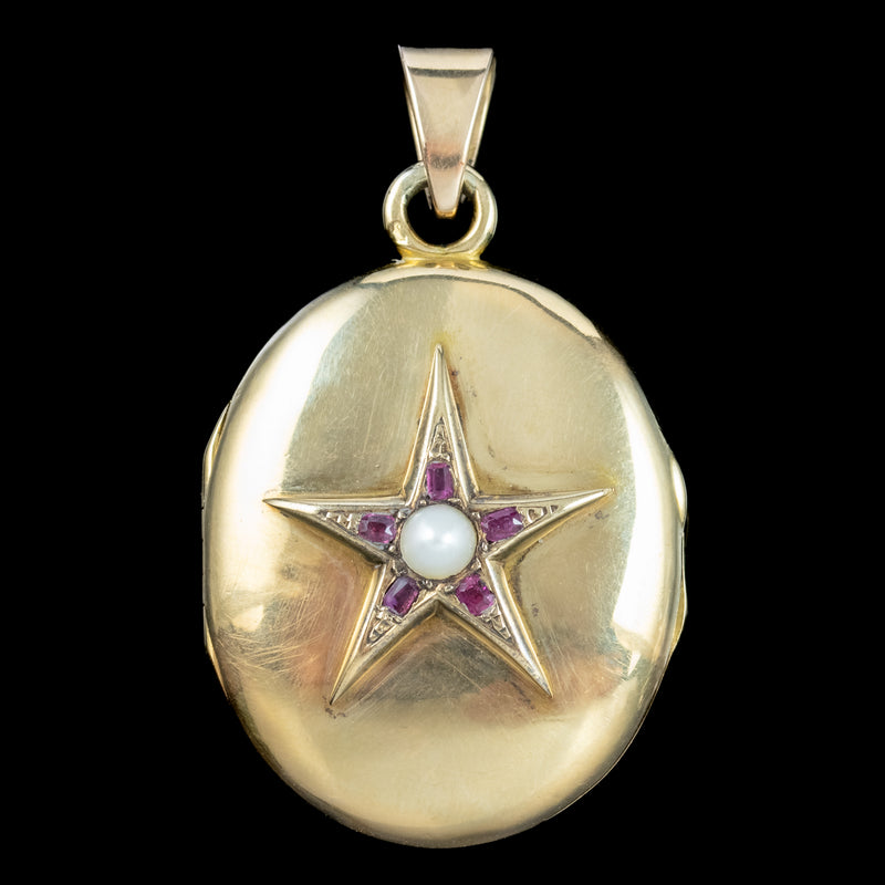 Antique Victorian French Ruby Pearl Star Locket 18ct Gold
