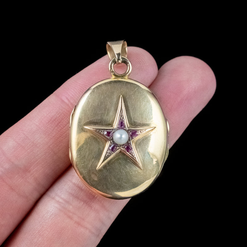 Antique Victorian French Ruby Pearl Star Locket 18ct Gold