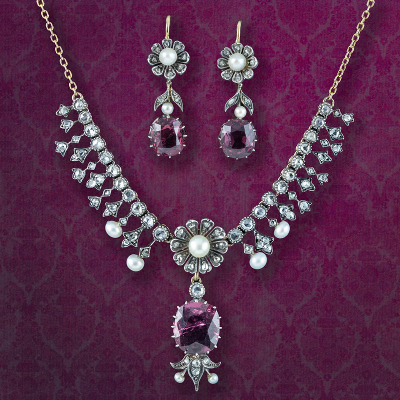 Antique Victorian Garnet Diamond Pearl Necklace And Earrings Suite With Box 