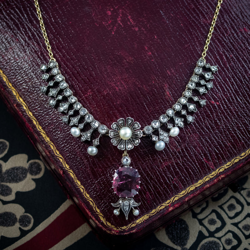 Antique Victorian Garnet Diamond Pearl Necklace And Earrings Suite With Box 