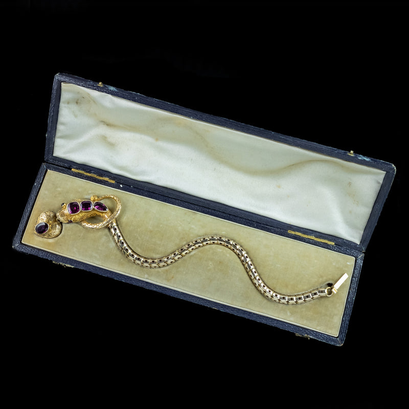 Antique Victorian Garnet Snake Heart Bracelet 18ct Gold With Locket And Box